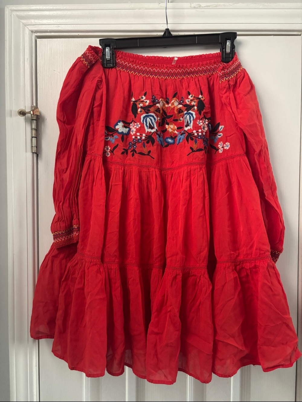 Free People Red Tiered Embroidered A-Line Skirt